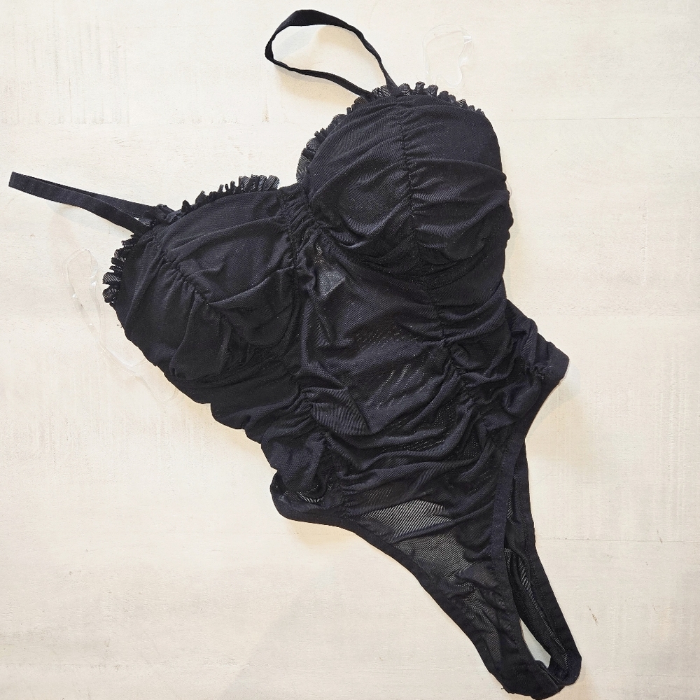 Bozzolo Black Ruched Women's Bodysuit Ruffled Trim NWOT Small